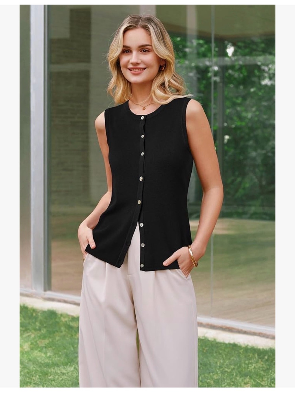 Sleeveless Button-Front Knit Top - Black